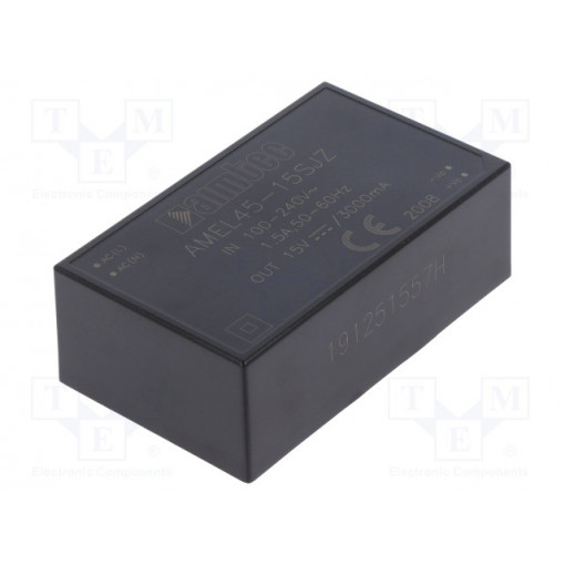 AMEL45-15SJZ; Converter: AC/DC; 45W; Uout: 15VDC; Iout: 3A; 85%; Mounting: PCB; 4kV; AIMTEC