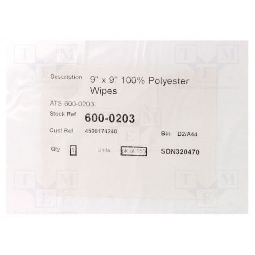 600-0203; Wipe: cloth; polyester; 150pcs; 228.6x228.6mm; Cleanroom; ANTISTAT 600-0203; Wipe: cloth; polyester; 150pcs; 228.6x228.6mm; Cleanroom; ANTISTAT