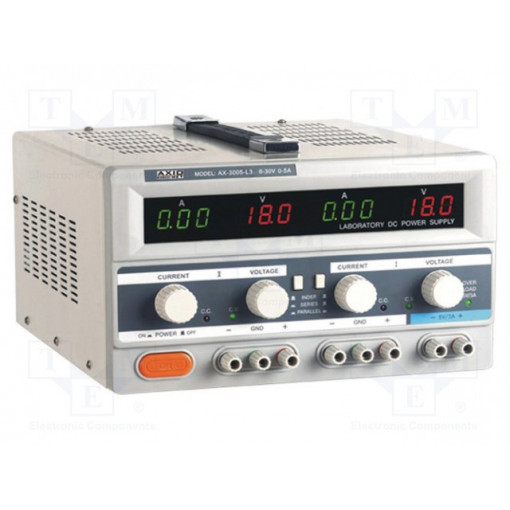 AX-3005L-3; Power supply: laboratory; Channels: 3; 0÷30VDC; 0÷5A; 0÷30VDC; 0÷5A; AXIOMET