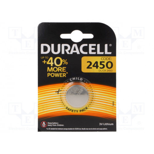 CR2450; Battery: lithium; 3V; CR2450,coin; Batt.no: 1; Ø24x5mm; DURACELL