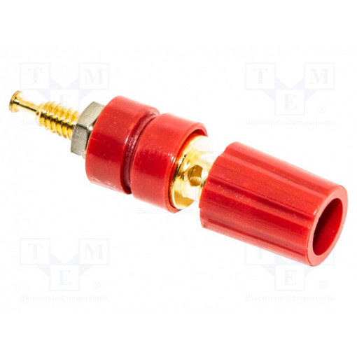 BU-P3770-2; Socket; 4mm banana; 15A; 2.5kV; red; gold-plated; on panel; MUELLER ELECTRIC