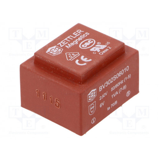 BV302S06010ZU; Transformer: encapsulated; 1VA; 230VAC; 6V; 166mA; Mounting: PCB; ZETTLER