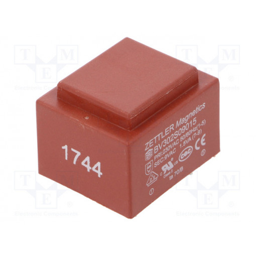 BV302S09015ZU; Transformer: encapsulated; 1.5VA; 230VAC; 9V; 167mA; Mounting: PCB; ZETTLER
