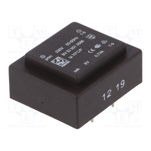 BV EI 301 3586; Transformer: encapsulated; 0.7VA; 230VAC; 9V; 78mA; Mounting: PCB; HAHN BV EI 301 3586; Transformer: encapsulated; 0.7VA; 230VAC; 9V; 78mA; Mounting: PCB; HAHN