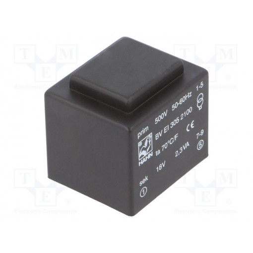 BV EI 305 2100; Transformer: encapsulated; 2.3VA; 500VAC; 18V; 128mA; Mounting: PCB; HAHN