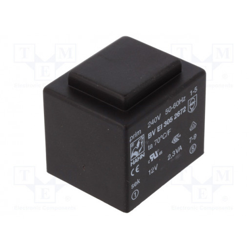 BV EI 305 2672; Transformer: encapsulated; 2.3VA; 240VAC; 12V; 192mA; Mounting: PCB; HAHN