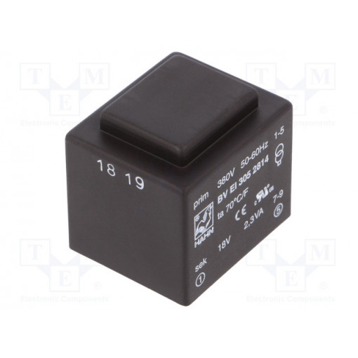 BV EI 305 2814; Transformer: encapsulated; 2.3VA; 380VAC; 18V; 128mA; Mounting: PCB; HAHN