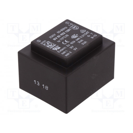 BV EI 422 1281; Transformer: encapsulated; 6VA; 230VAC; 9V; 9V; 334mA; 334mA; 200g; HAHN