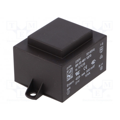 BV EI 481 1273; Transformer: encapsulated; 10VA; 230VAC; 21V; 477mA; Mounting: PCB; HAHN