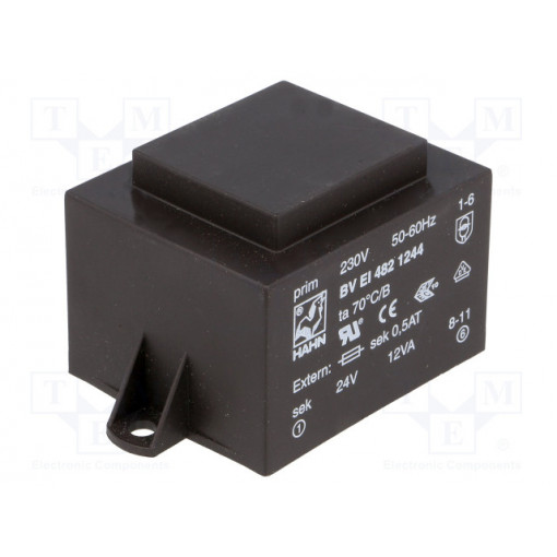 BV EI 482 1244; Transformer: encapsulated; 12VA; 230VAC; 24V; 500mA; Mounting: PCB; HAHN
