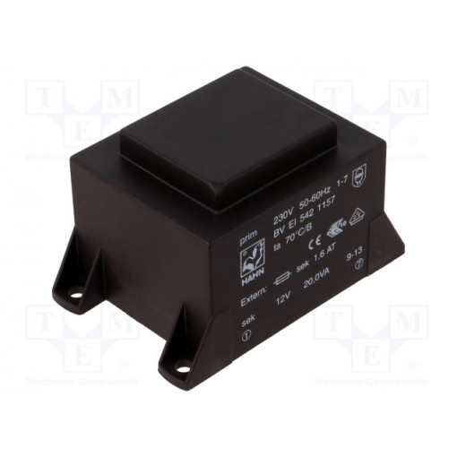 BV EI 542 1157; Transformer: encapsulated; 20VA; 230VAC; 12V; 1667mA; Mounting: PCB; HAHN
