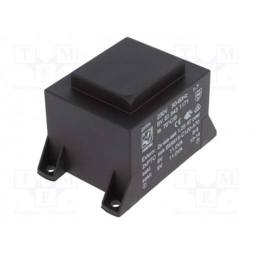 BV EI 543 1171; Transformer: encapsulated; 22VA; 230VAC; 9V; 9V; 1223mA; 1223mA; HAHN