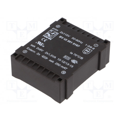 BV UI 301 0167; Transformer: encapsulated; 3VA; 115/115VAC; 6V; 6V; 250mA; 250mA; HAHN