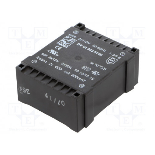 BV UI 303 0145; Transformer: encapsulated; 6VA; 115/115VAC; 12V; 12V; 250mA; 250mA; HAHN