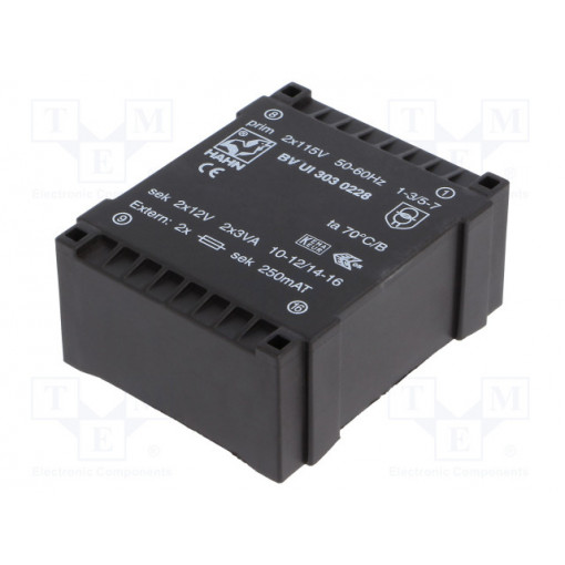 BV UI 303 0228; Transformer: encapsulated; 6VA; 115/115VAC; 12V; 12V; 250mA; 250mA; HAHN