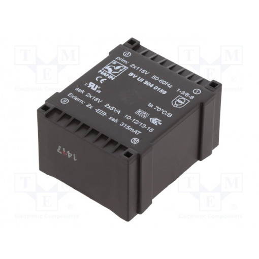 BV UI 304 0159; Transformer: encapsulated; 10VA; 115/115VAC; 18V; 18V; 277mA; 277mA; HAHN