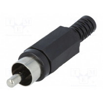 ; Plug; RCA; male; with strain relief; straight; soldering; black; 