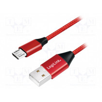 CU0151; Cable; USB 2.0; USB A plug,USB B micro plug; 0.3m; red; LOGILINK