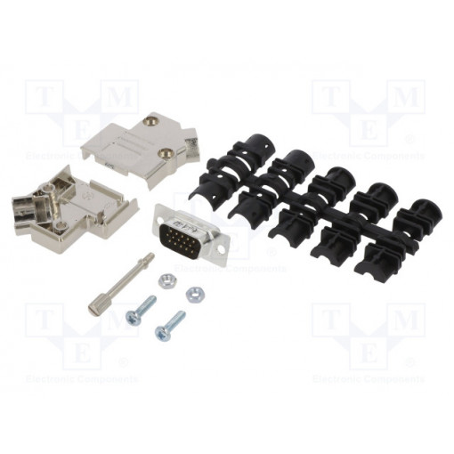 L17D45PK-M-09+L717HDE15P; D-Sub HD; PIN: 15; male; angled 45°; soldering; for cable; UNC4-40; AMPHENOL