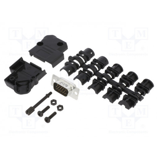 L17D45PK-P-09+L717HDE15P; D-Sub HD; PIN: 15; male; angled 45°; soldering; for cable; UNC4-40; AMPHENOL