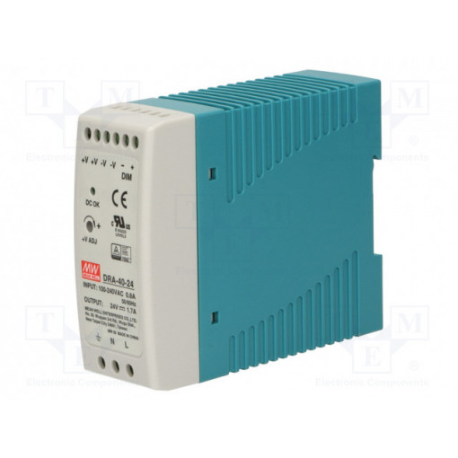 DRA-40-24; Power supply: switched-mode; 40.8W; 24VDC; 24÷30VDC; 1.7A; 300g; MEAN WELL DRA-40-24; Power supply: switched-mode; 40.8W; 24VDC; 24÷30VDC; 1.7A; 300g; MEAN WELL