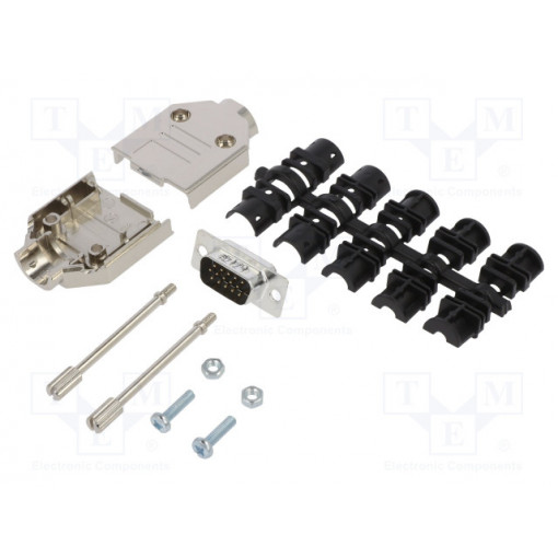 L17DTPK-M-09+L717HDE15P; D-Sub HD; PIN: 15; male; straight; soldering; for cable; gold flash; AMPHENOL