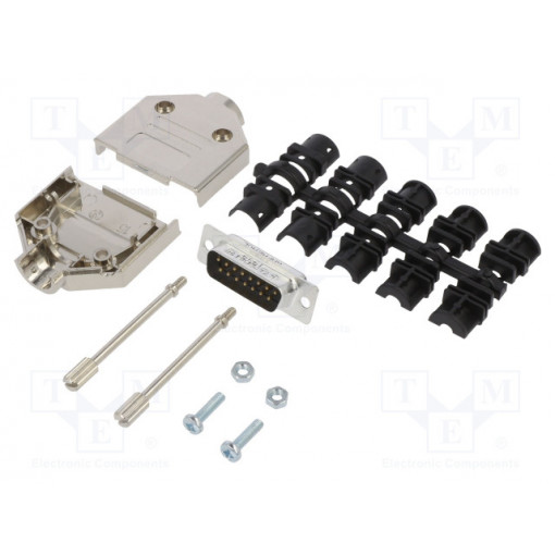 L17DTPK-M-15+L717SDA15P; D-Sub; PIN: 15; male; straight; soldering; for cable; gold flash; AMPHENOL