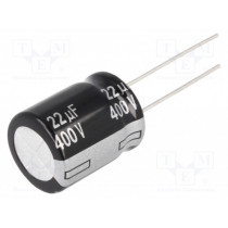 EEUEE2G220S; Capacitor: electrolytic; THT; 22uF; 400VDC; Ø16x20mm; Pitch: 7.5mm; PANASONIC