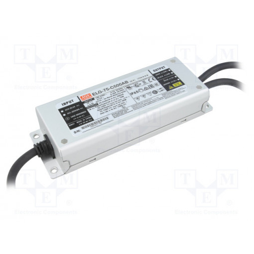 ELG-75-C500AB; Power supply: switched-mode; LED; 75W; 75÷150VDC; 250÷500mA; IP65; MEAN WELL