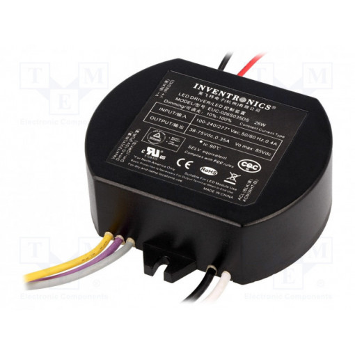 EUC-026S035DS; Power supply: switched-mode; LED; 26W; 38÷75V; 350mA; 90÷305VAC; INVENTRONICS EUC-026S035DS; Power supply: switched-mode; LED; 26W; 38÷75V; 350mA; 90÷305VAC; INVENTRONICS