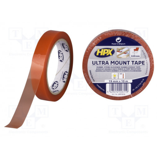 UM1910; Tape: fixing; W: 19mm; L: 10m; Thk: 0.2mm; double-sided; transparent; HPX