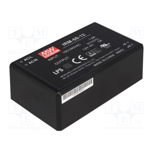 IRM-60-12; Power supply: switched-mode; modular; 60W; 12VDC; 87x52x29.5mm; 5A; MEAN WELL