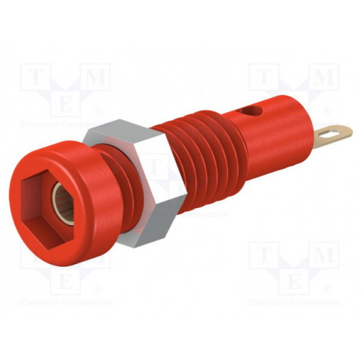 23.0050-22; Socket; 2mm banana; 10A; 23.3mm; red; Mounting: soldered,on panel; STÄUBLI