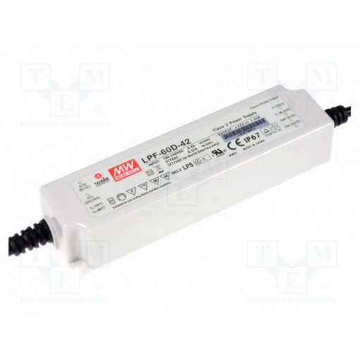 LPF-60D-42; Power supply: switched-mode; LED; 60.06W; 42VDC; 25.2÷42VDC; 1.43A; MEAN WELL