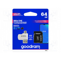 M1A4-0640R12; Memory card; SD XC Micro; 64GB; Read: 100MB/s; Write: 10MB/s; GOODRAM M1A4-0640R12; Memory card; SD XC Micro; 64GB; Read: 100MB/s; Write: 10MB/s; GOODRAM