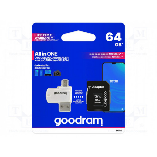 M1A4-0640R12; Memory card; SD XC Micro; 64GB; Read: 100MB/s; Write: 10MB/s; GOODRAM M1A4-0640R12; Memory card; SD XC Micro; 64GB; Read: 100MB/s; Write: 10MB/s; GOODRAM