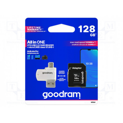 M1A4-1280R12; Memory card; SD XC Micro; 128GB; Read: 100MB/s; Write: 10MB/s; GOODRAM M1A4-1280R12; Memory card; SD XC Micro; 128GB; Read: 100MB/s; Write: 10MB/s; GOODRAM