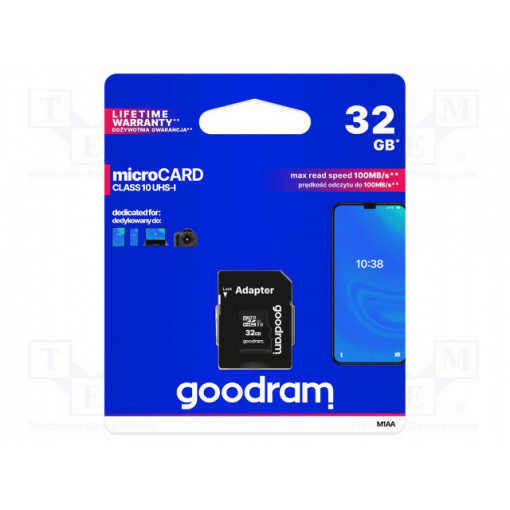 M1AA-0320R12; Memory card; SD HC Micro; 32GB; Read: 100MB/s; Write: 10MB/s; GOODRAM M1AA-0320R12; Memory card; SD HC Micro; 32GB; Read: 100MB/s; Write: 10MB/s; GOODRAM