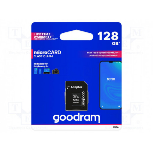 M1AA-1280R12; Memory card; SD XC Micro; 128GB; Read: 100MB/s; Write: 10MB/s; GOODRAM M1AA-1280R12; Memory card; SD XC Micro; 128GB; Read: 100MB/s; Write: 10MB/s; GOODRAM