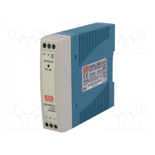 MDR-10-15; Power supply: switched-mode; 10W; 15VDC; 0.67A; 85÷264VAC; 170g; MEAN WELL