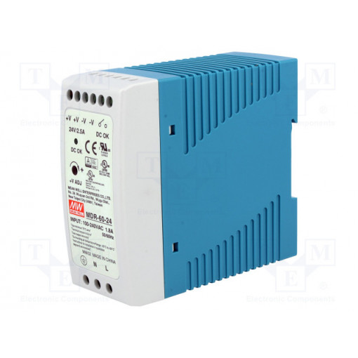 MDR-60-24; Power supply: switched-mode; 60W; 24VDC; 24÷30VDC; 2.5A; 85÷264VAC; MEAN WELL