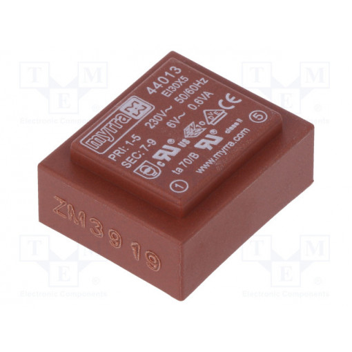 44013; Transformer: encapsulated; 0.6VA; 230VAC; 6V; 100mA; Mounting: PCB; MYRRA 44013; Transformer: encapsulated; 0.6VA; 230VAC; 6V; 100mA; Mounting: PCB; MYRRA