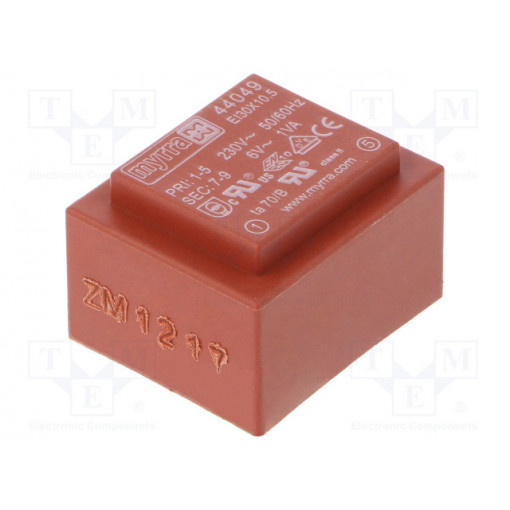 44049; Transformer: encapsulated; 1VA; 230VAC; 6V; 167mA; Mounting: PCB; MYRRA 44049; Transformer: encapsulated; 1VA; 230VAC; 6V; 167mA; Mounting: PCB; MYRRA