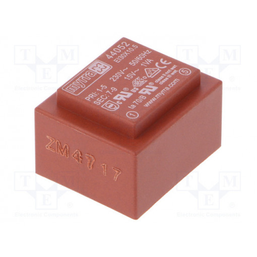 44052; Transformer: encapsulated; 1VA; 230VAC; 15V; 67mA; Mounting: PCB; MYRRA 44052; Transformer: encapsulated; 1VA; 230VAC; 15V; 67mA; Mounting: PCB; MYRRA