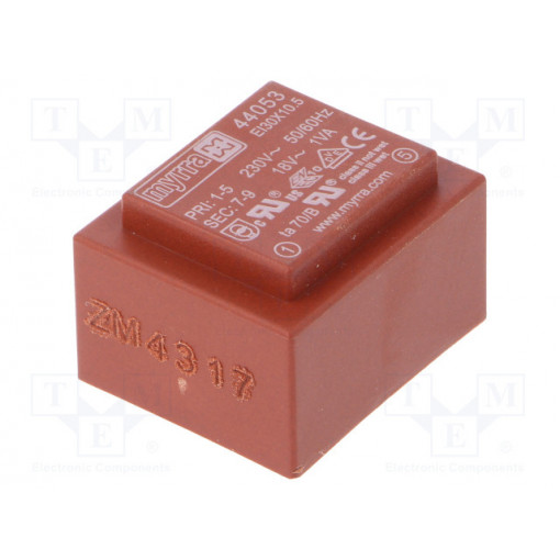 44053; Transformer: encapsulated; 1VA; 230VAC; 18V; 56mA; Mounting: PCB; MYRRA