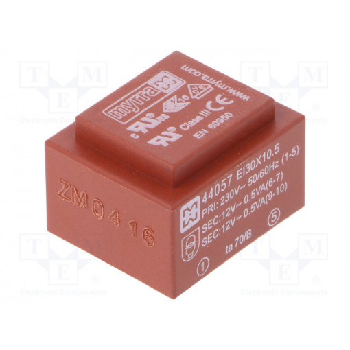 44057; Transformer: encapsulated; 1VA; 230VAC; 12V; 12V; 42mA; 42mA; MYRRA 44057; Transformer: encapsulated; 1VA; 230VAC; 12V; 12V; 42mA; 42mA; MYRRA
