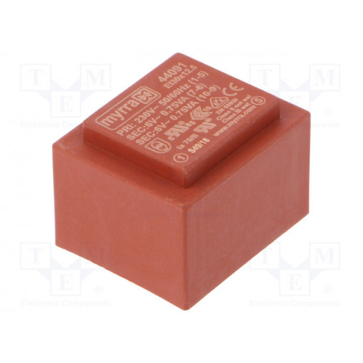 44091; Transformer: encapsulated; 1.5VA; 230VAC; 6V; 6V; 125mA; 125mA; MYRRA 44091; Transformer: encapsulated; 1.5VA; 230VAC; 6V; 6V; 125mA; 125mA; MYRRA