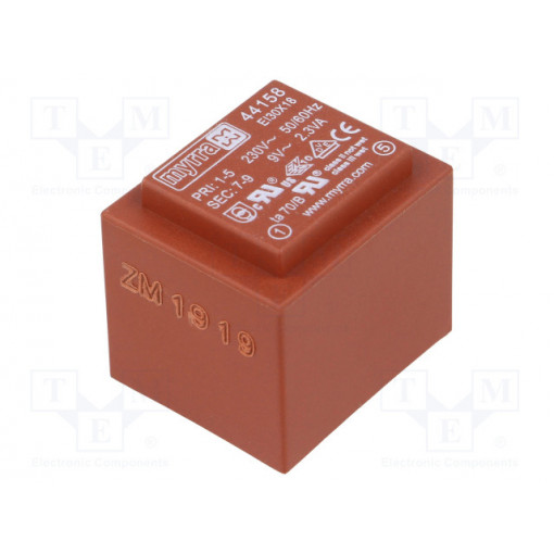 44158; Transformer: encapsulated; 2.3VA; 230VAC; 9V; 256mA; Mounting: PCB; MYRRA