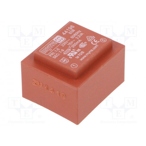 44196; Transformer: encapsulated; 3.2VA; 230VAC; 15V; 213mA; Mounting: PCB; MYRRA