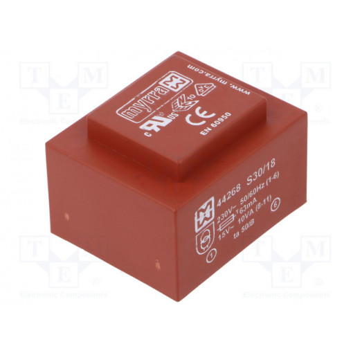 44268; Transformer: encapsulated; 10VA; 230VAC; 15V; 667mA; Mounting: PCB; MYRRA